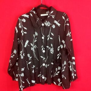 ALY WEAR‎ Vintage Linen Floral Dragonfly Button Down Womens Size Small Lagenlook